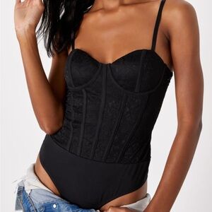 NWT Lulus Sultry Significance Black Lace Bustier Bodysuit